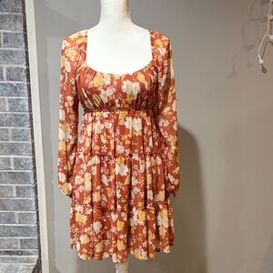 Trixxi Orange and Cream Floral Long Sleeve Dress